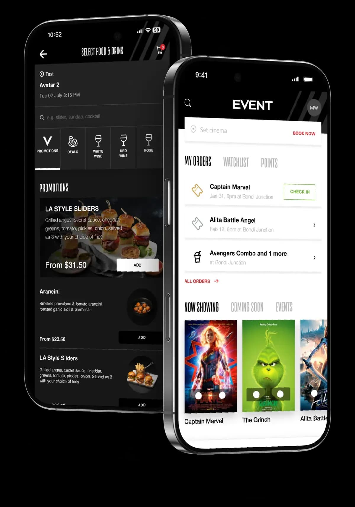 The Event Cinemas app on two phones